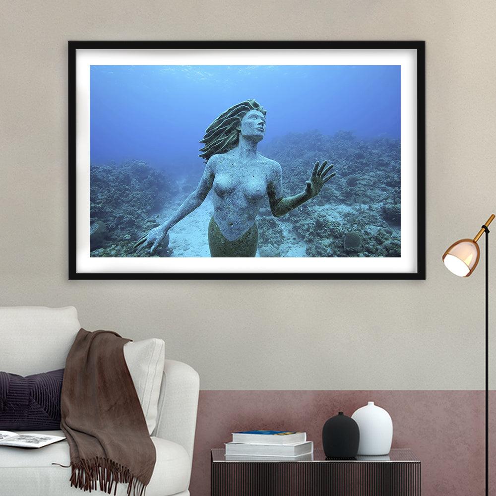 Cayman Islands Grand Cayman Island Mermaid Sculpture In Shallow Coral Reef, Framed Art Print White Border