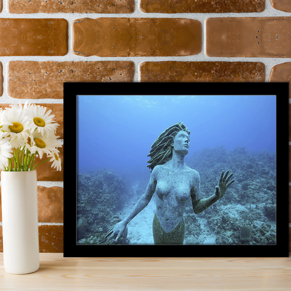 Cayman Islands Grand Cayman Island Mermaid Sculpture In Shallow Coral Reef, Framed Art Print, Picture Framed