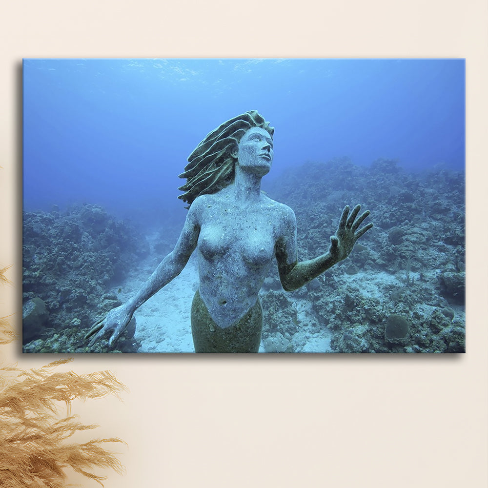 Cayman Islands Grand Cayman Island mermaid sculpture in shallow coral reef, Cavas Print Wall Art Hom Decor