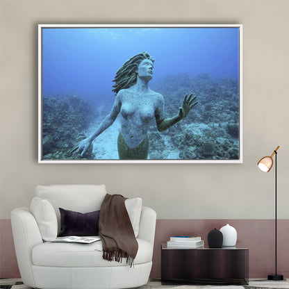 Cayman Islands Grand Cayman Island Mermaid Sculpture In Shallow Coral Reef, Framed Cavas Print, Floating Frame