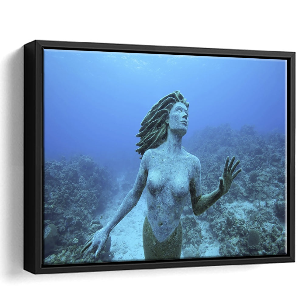 Cayman Islands Grand Cayman Island Mermaid Sculpture In Shallow Coral Reef, Framed Cavas Print, Floating Frame