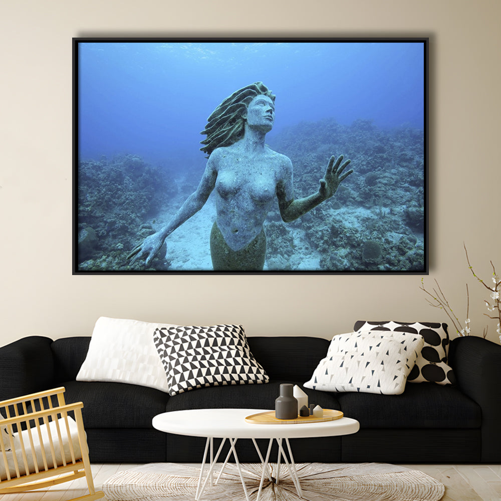 Cayman Islands Grand Cayman Island Mermaid Sculpture In Shallow Coral Reef, Framed Cavas Print, Floating Frame