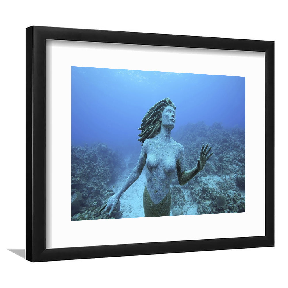 Cayman Islands Grand Cayman Island Mermaid Sculpture In Shallow Coral Reef, Framed Art Print White Border