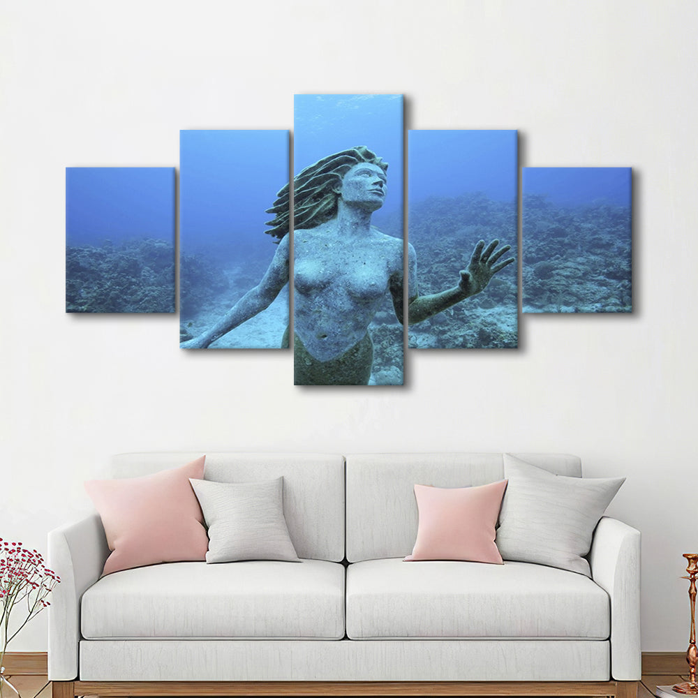 Cayman Islands Grand Cayman Island mermaid sculpture in shallow coral reef, 5 Piece Large Cavas Print Wall Art
