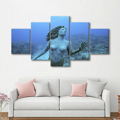 Cayman Islands Grand Cayman Island mermaid sculpture in shallow coral reef, 5 Piece Large Cavas Print Wall Art
