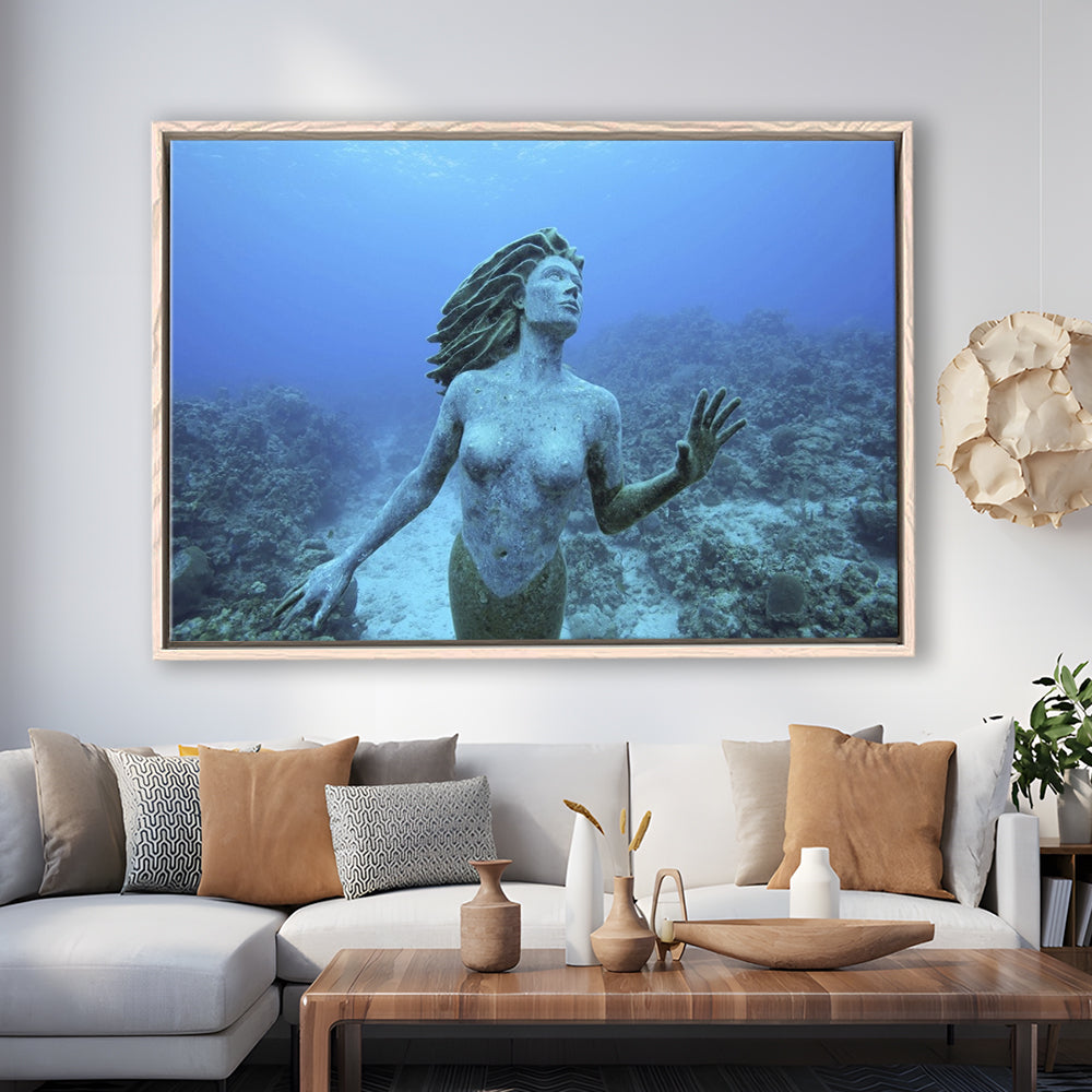 Cayman Islands Grand Cayman Island Mermaid Sculpture In Shallow Coral Reef, Framed Cavas Print, Floating Frame
