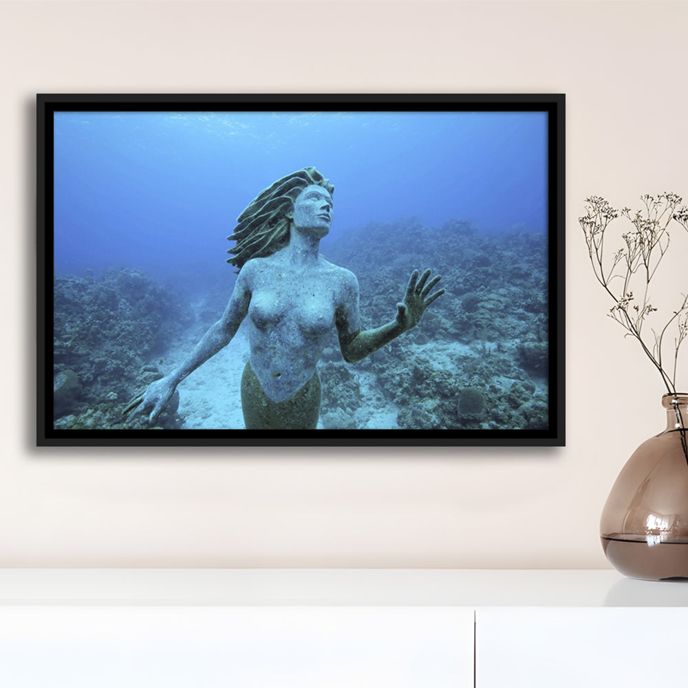 Cayman Islands Grand Cayman Island Mermaid Sculpture In Shallow Coral Reef, Framed Cavas Print, Floating Frame