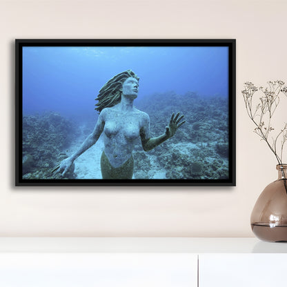 Cayman Islands Grand Cayman Island Mermaid Sculpture In Shallow Coral Reef, Framed Cavas Print, Floating Frame