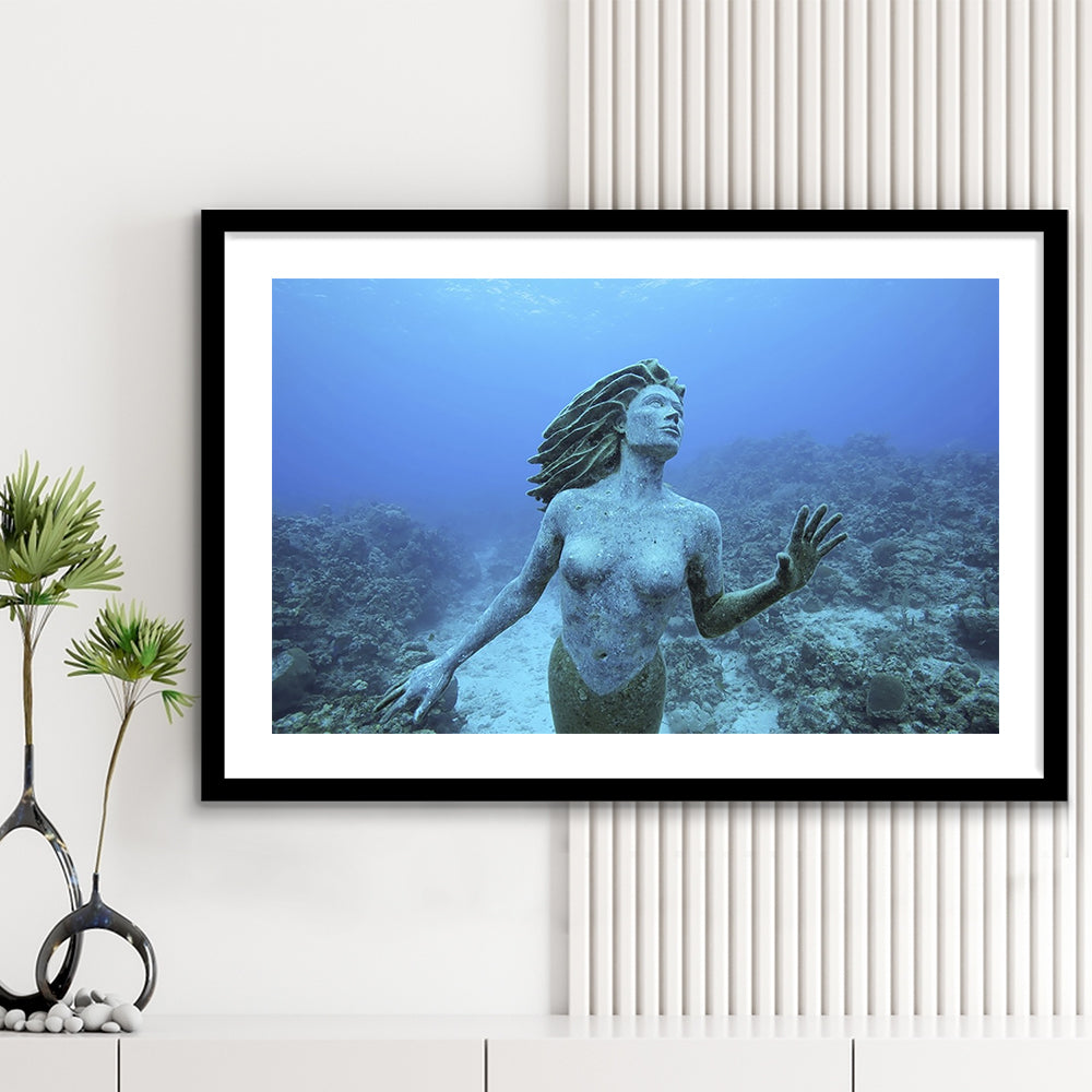 Cayman Islands Grand Cayman Island Mermaid Sculpture In Shallow Coral Reef, Framed Art Print White Border