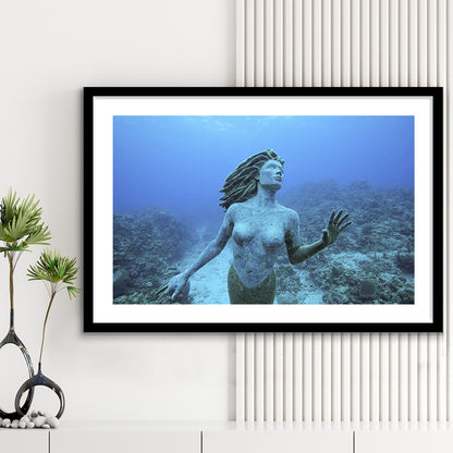 Cayman Islands Grand Cayman Island Mermaid Sculpture In Shallow Coral Reef, Framed Art Print White Border