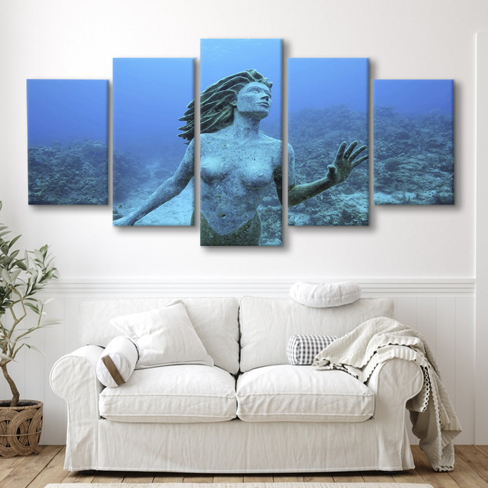 Cayman Islands Grand Cayman Island mermaid sculpture in shallow coral reef, 5 Piece Large Cavas Print Wall Art