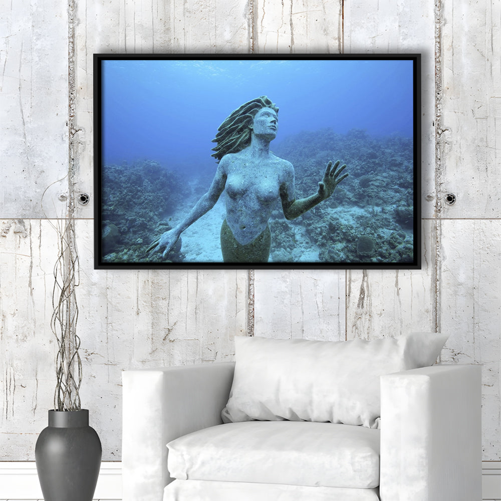 Cayman Islands Grand Cayman Island Mermaid Sculpture In Shallow Coral Reef, Framed Cavas Print, Floating Frame
