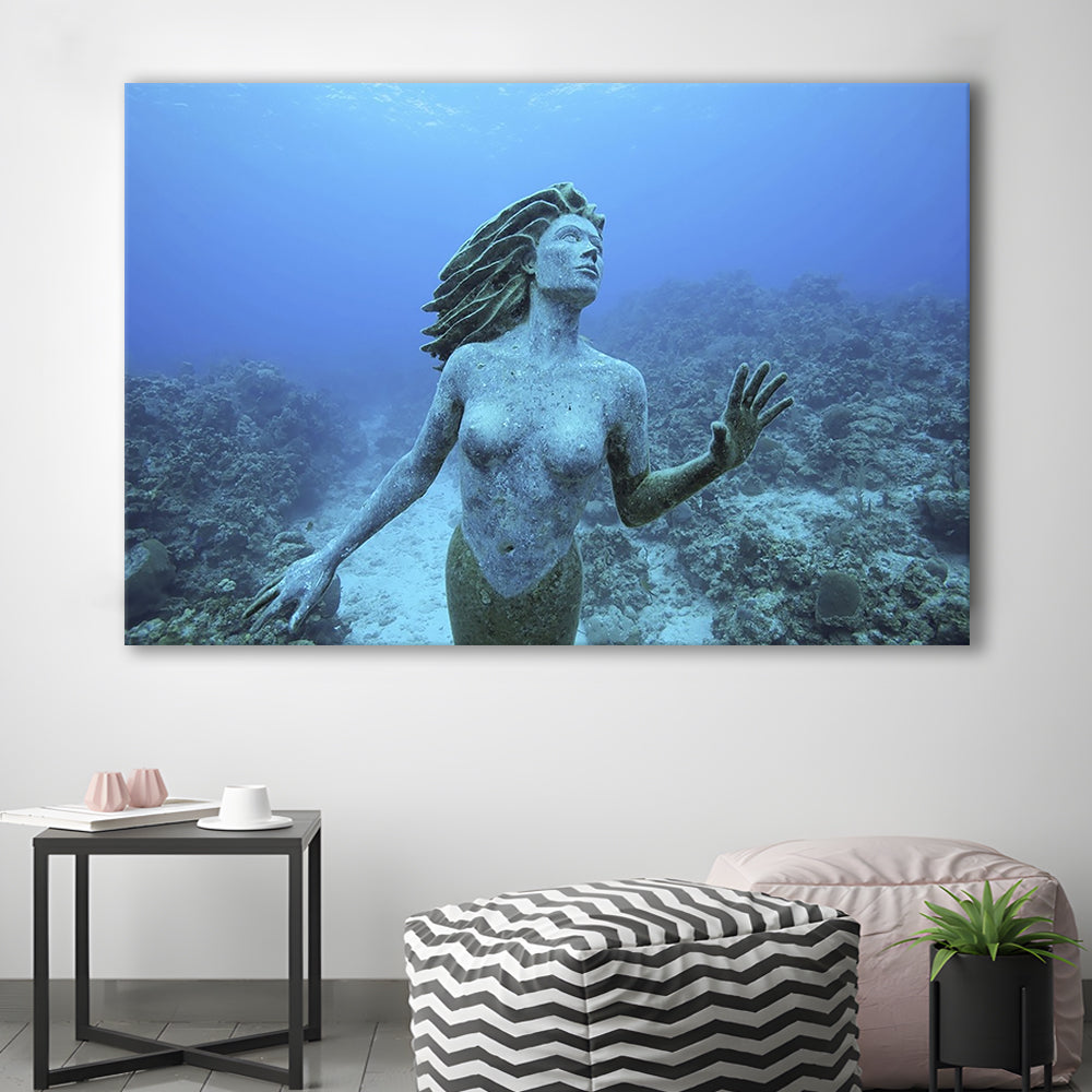 Cayman Islands Grand Cayman Island mermaid sculpture in shallow coral reef, Cavas Print Wall Art Hom Decor