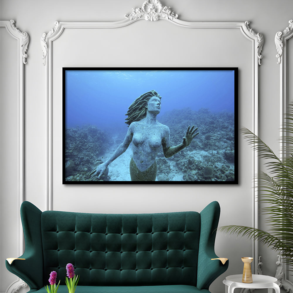 Cayman Islands Grand Cayman Island Mermaid Sculpture In Shallow Coral Reef, Framed Art Print, Picture Framed