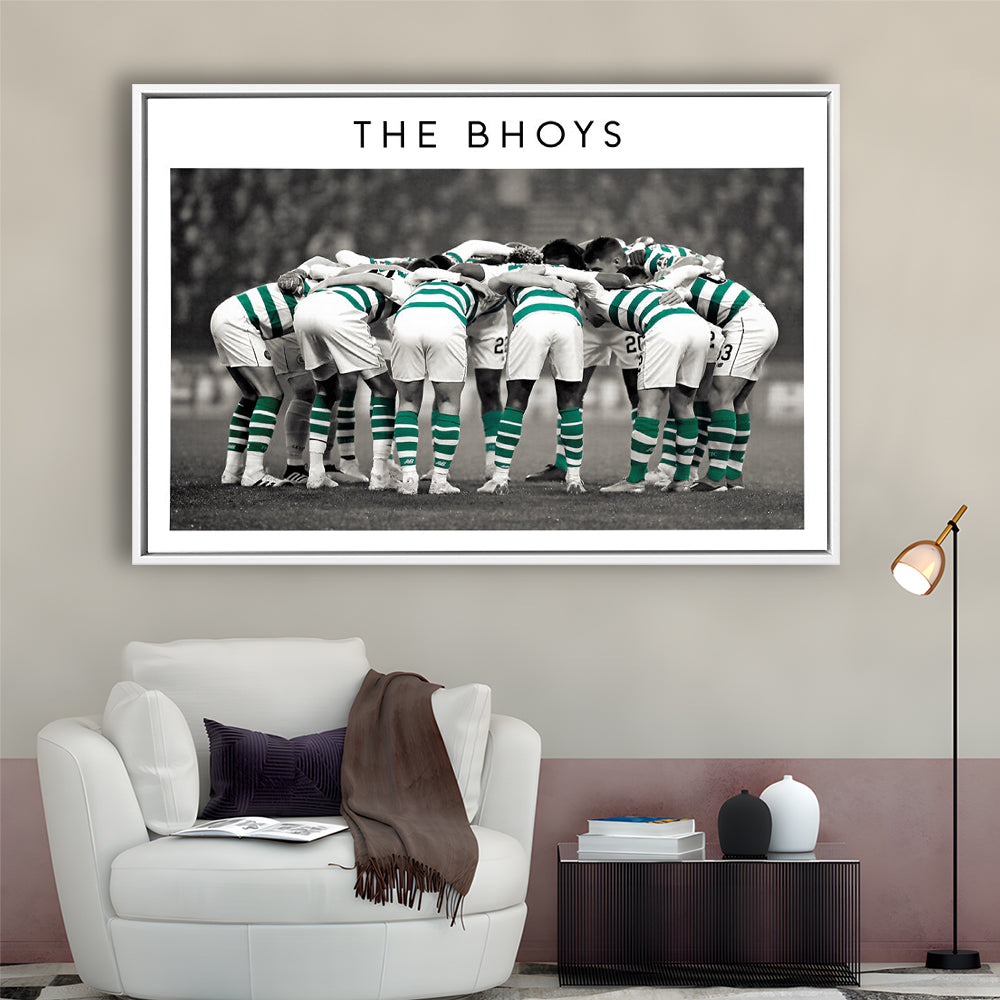 Celtic Football Team Huddle At Celtic Park, Scottish Premiership Wall Art Print, Framed Canvas Print Wall Art