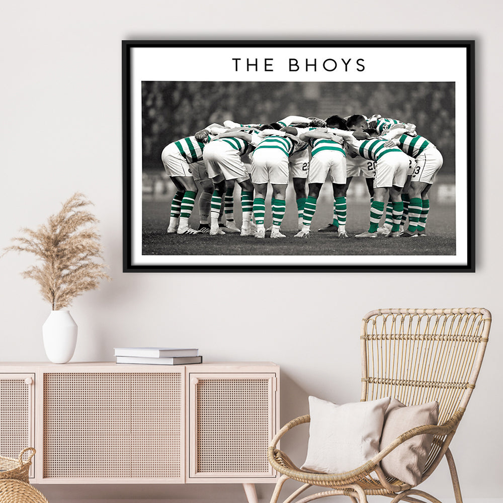 Celtic Football Team Huddle At Celtic Park, Scottish Premiership Wall Art Print, Framed Canvas Print Wall Art
