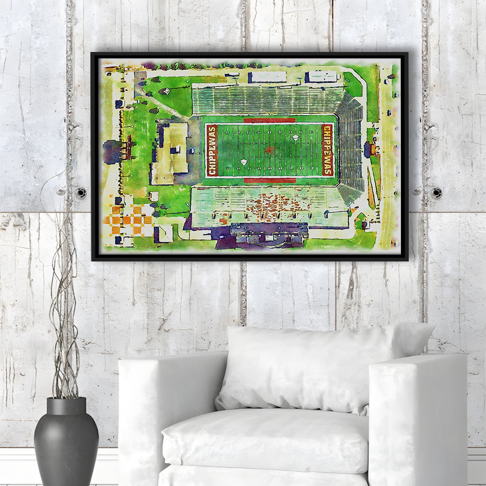 Central Michigan Chippewas, Kelly Shorts Painting Stadium Watercolor, Sport Gift Art, Framed Canvas Print Wall Art