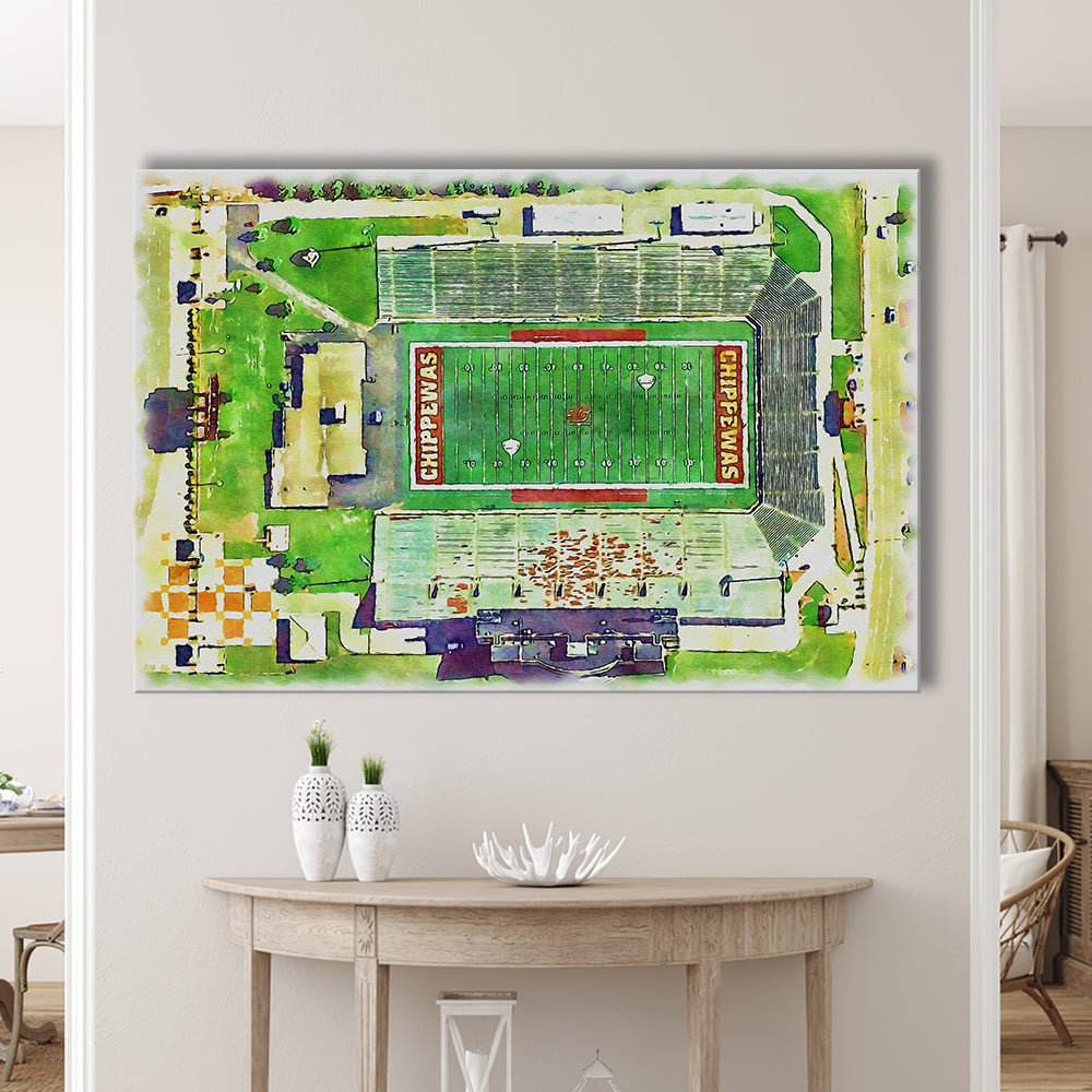 Central Michigan Chippewas, Kelly Shorts Painting Stadium Watercolor, Sport Art, Gifts for him, Canvas Print Wall Art