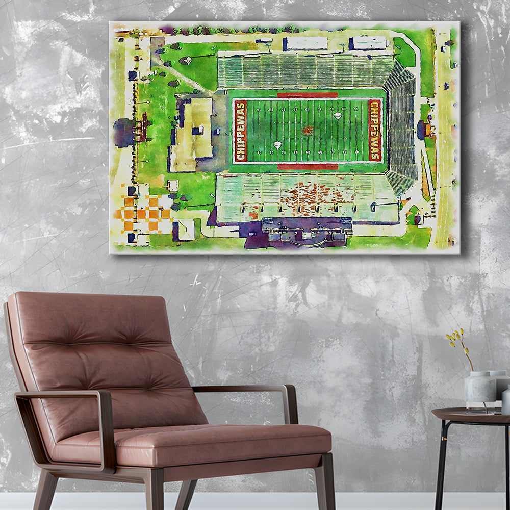 Central Michigan Chippewas, Kelly Shorts Painting Stadium Watercolor, Sport Art, Gifts for him, Canvas Print Wall Art