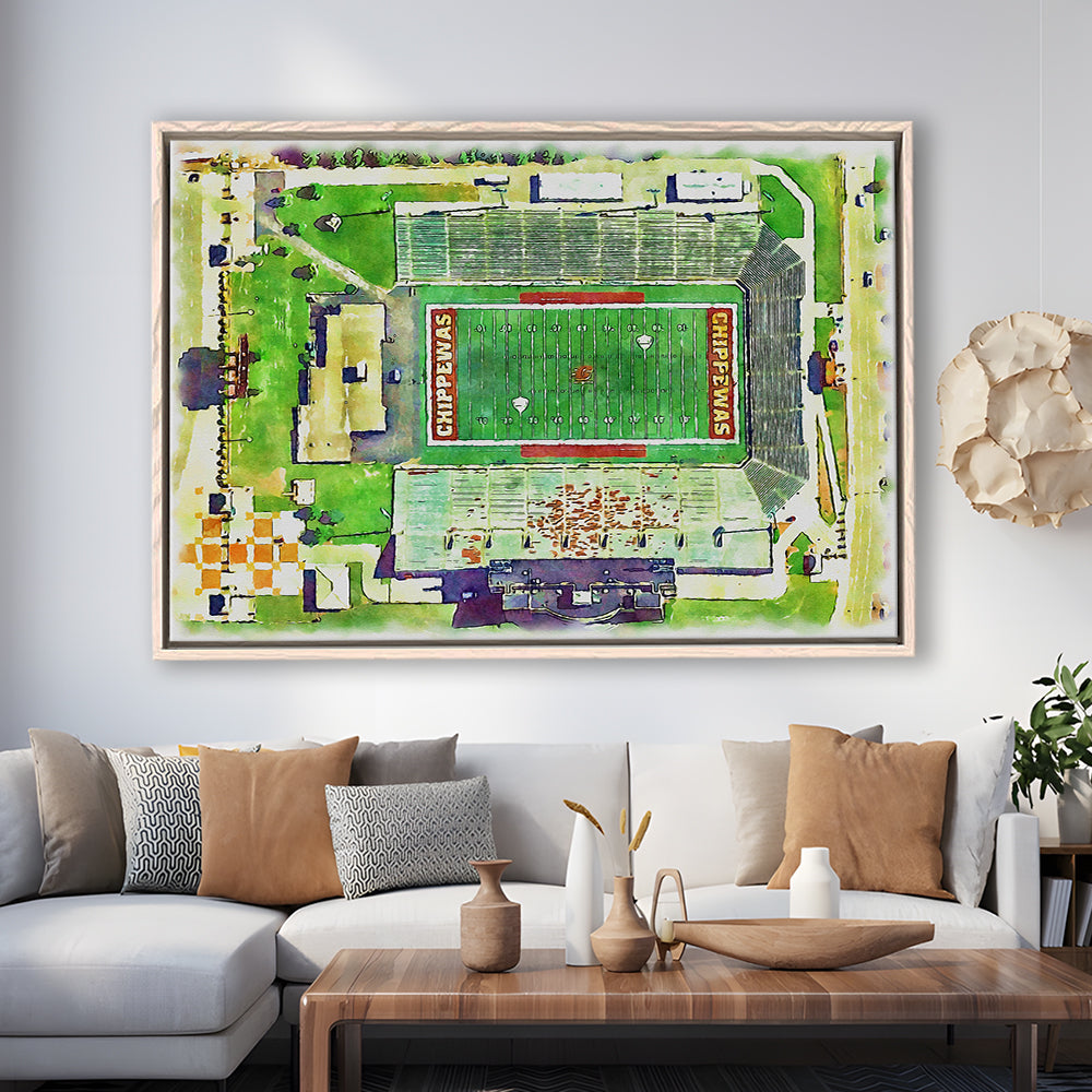 Central Michigan Chippewas, Kelly Shorts Painting Stadium Watercolor, Sport Gift Art, Framed Canvas Print Wall Art