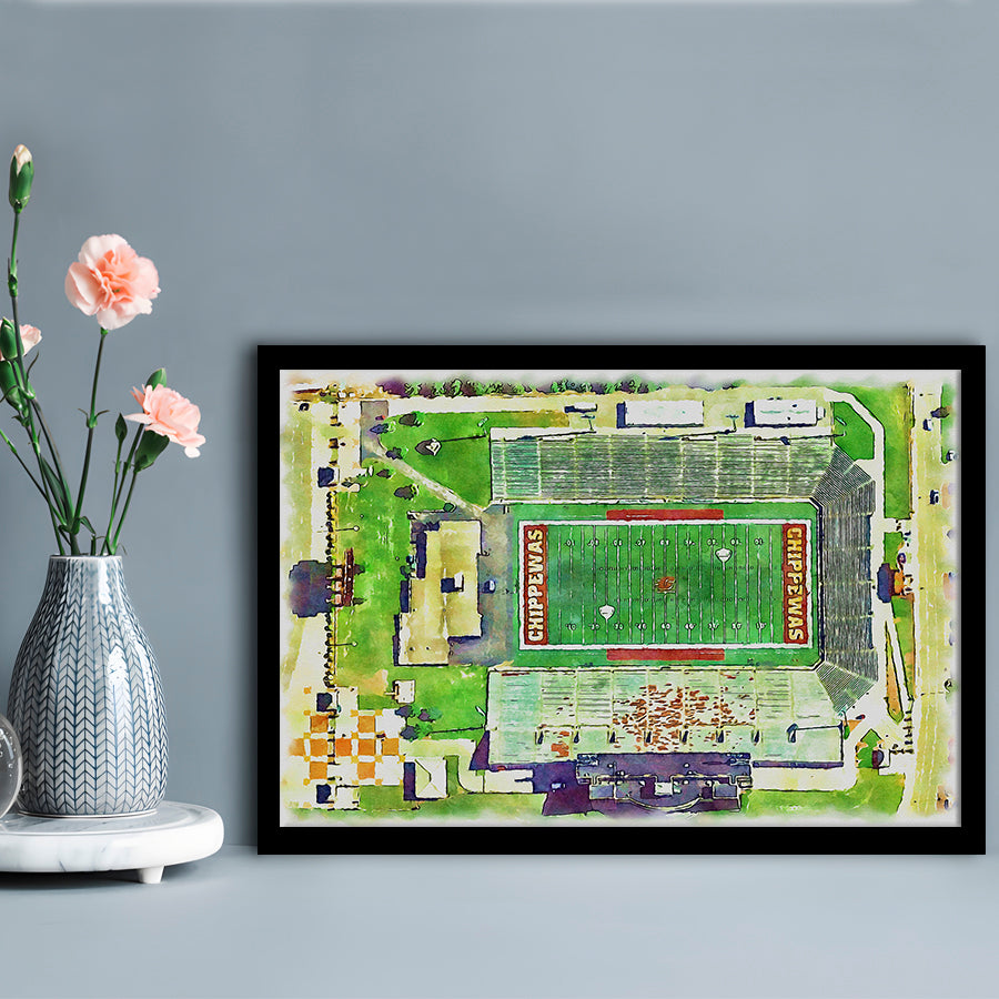 Central Michigan Chippewas, Kelly Shorts Painting Stadium Watercolor, Sport Gift Art, Framed Art Print Wall Decor