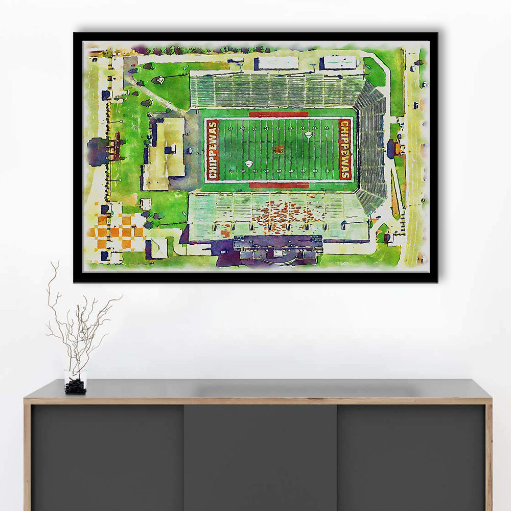 Central Michigan Chippewas, Kelly Shorts Painting Stadium Watercolor, Sport Gift Art, Framed Art Print Wall Decor