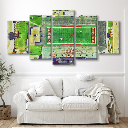 Central Michigan Chippewas, Kelly Shorts Painting Stadium Watercolor, Sport Art, Mixed 5 Panel, Canvas Print Wall Art