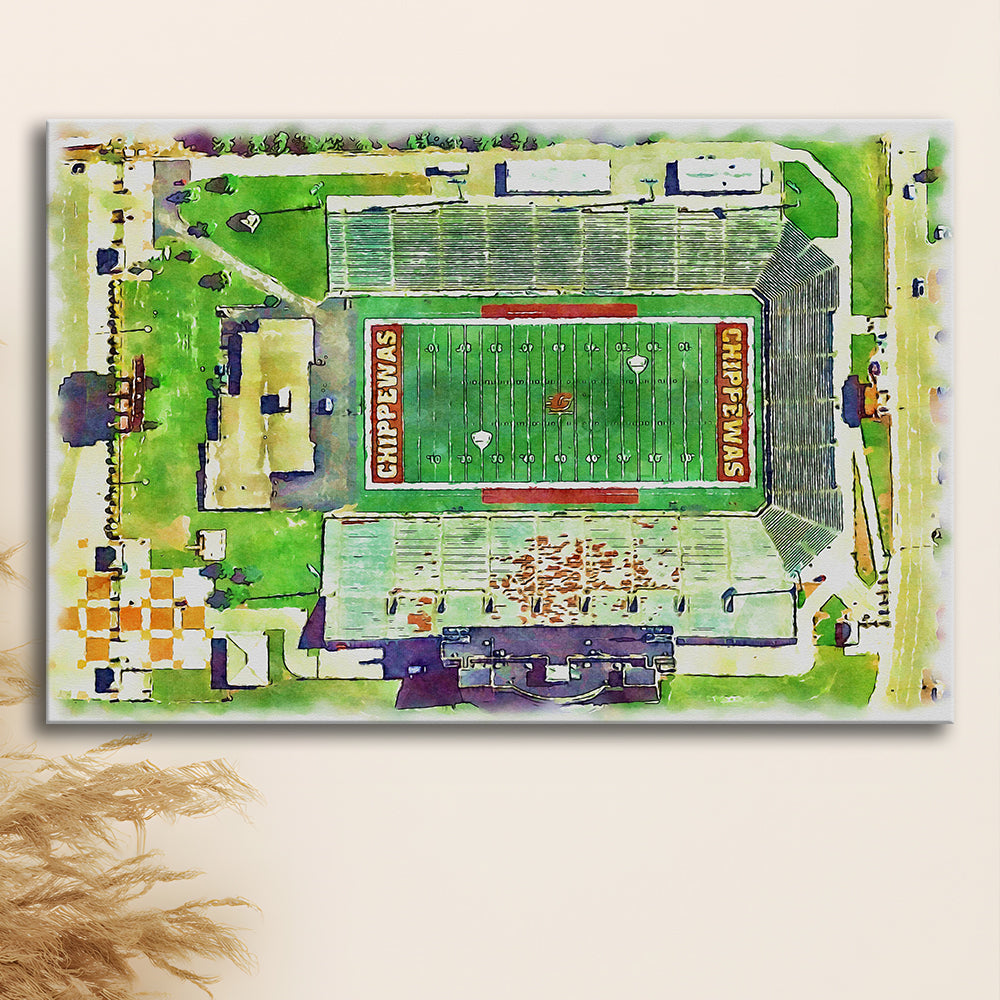 Central Michigan Chippewas, Kelly Shorts Painting Stadium Watercolor, Sport Art, Gifts for him, Canvas Print Wall Art
