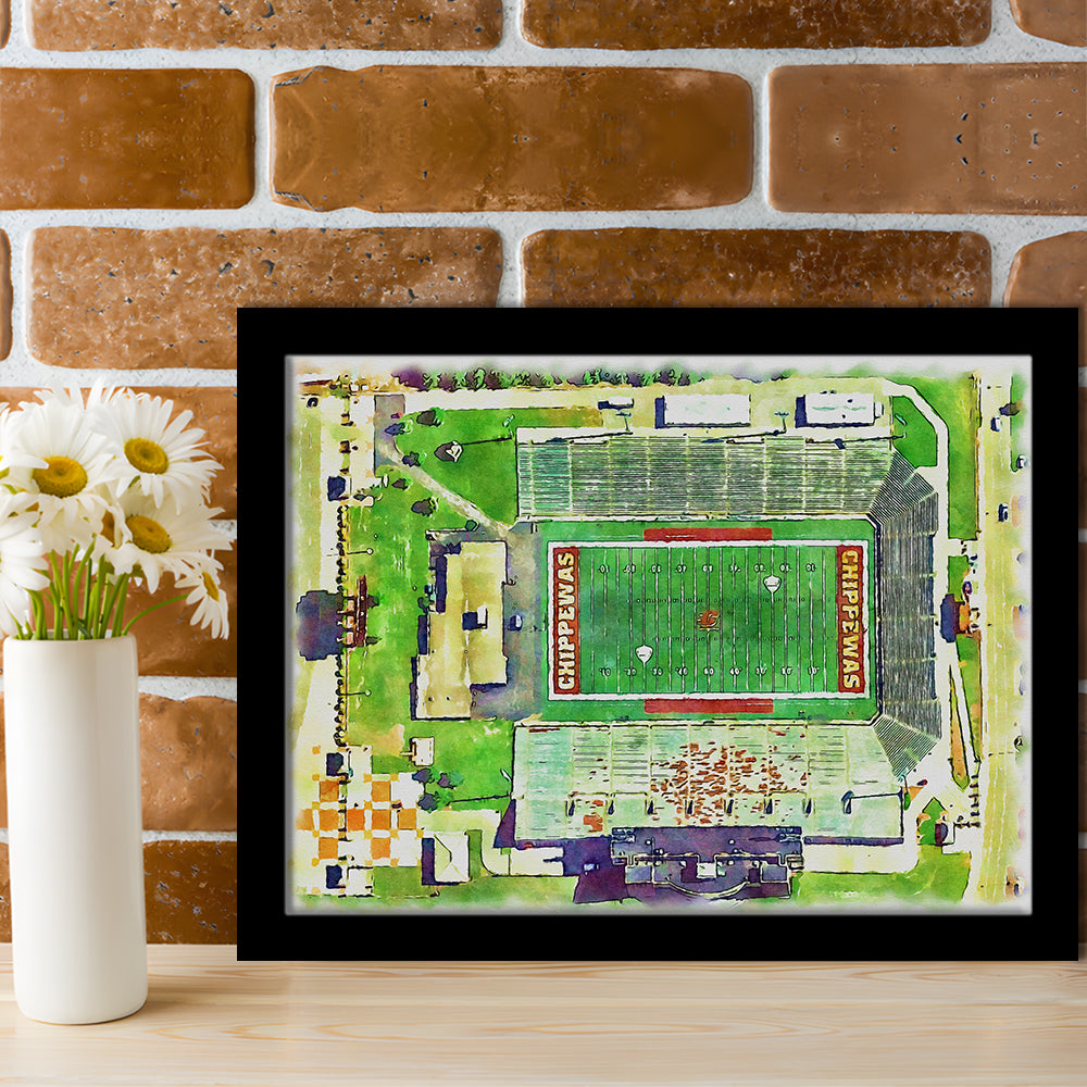 Central Michigan Chippewas, Kelly Shorts Painting Stadium Watercolor, Sport Gift Art, Framed Art Print Wall Decor