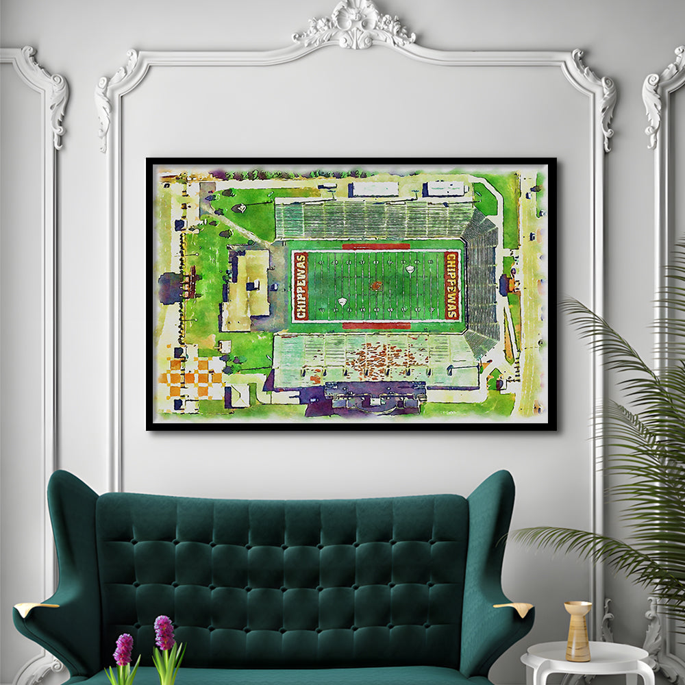 Central Michigan Chippewas, Kelly Shorts Painting Stadium Watercolor, Sport Gift Art, Framed Art Print Wall Decor