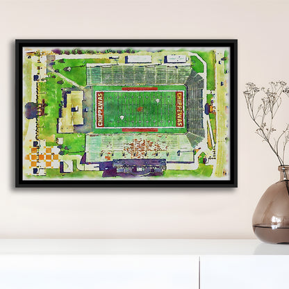 Central Michigan Chippewas, Kelly Shorts Painting Stadium Watercolor, Sport Gift Art, Framed Canvas Print Wall Art