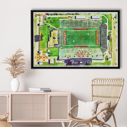 Central Michigan Chippewas, Kelly Shorts Painting Stadium Watercolor, Sport Gift Art, Framed Canvas Print Wall Art