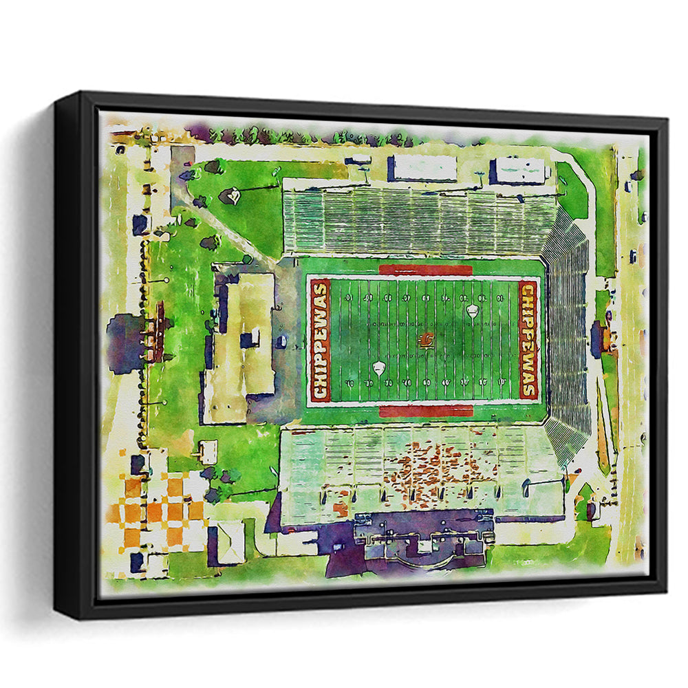Central Michigan Chippewas, Kelly Shorts Painting Stadium Watercolor, Sport Gift Art, Framed Canvas Print Wall Art