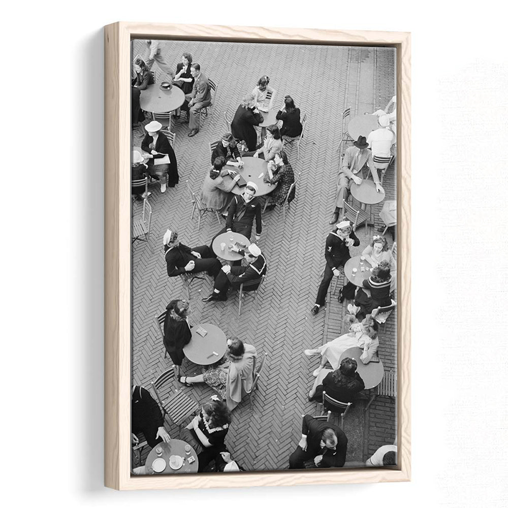 Central Park Restaurant Black and White Art Retro Photography, Floating Framed Canvas Print