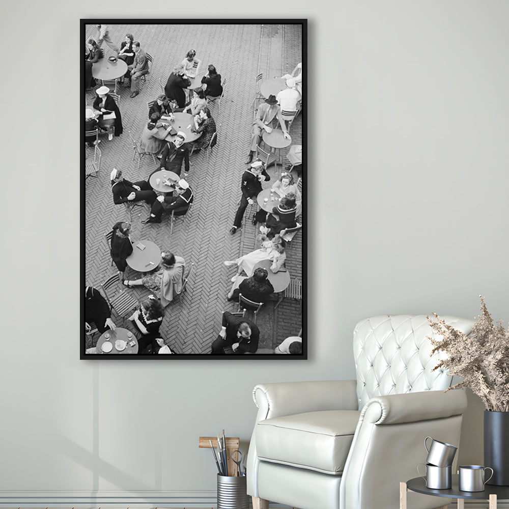 Central Park Restaurant Black and White Art Retro Photography, Floating Framed Canvas Print