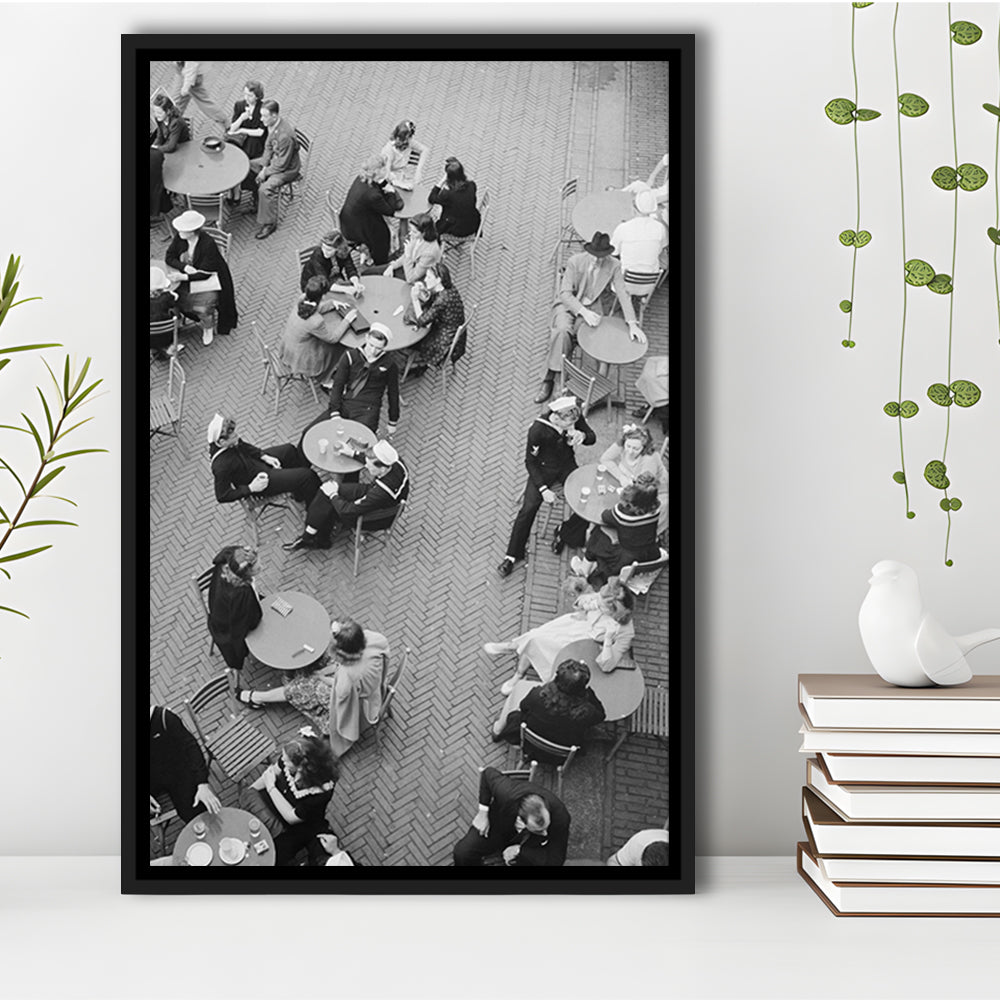 Central Park Restaurant Black and White Art Retro Photography, Floating Framed Canvas Print