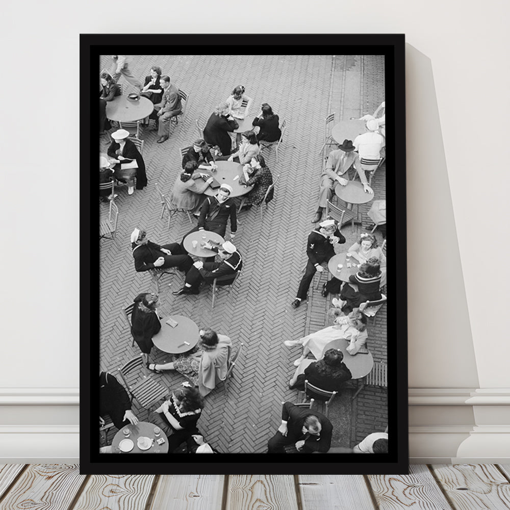 Central Park Restaurant Black and White Art Retro Photography, Floating Framed Canvas Print