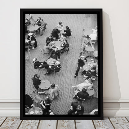 Central Park Restaurant Black and White Art Retro Photography, Floating Framed Canvas Print