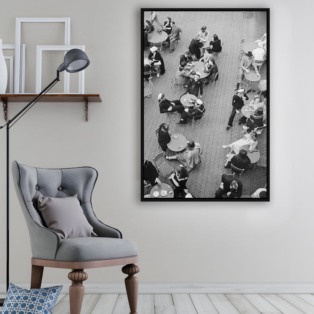 Central Park Restaurant Black and White Art Retro Photography, Floating Framed Canvas Print