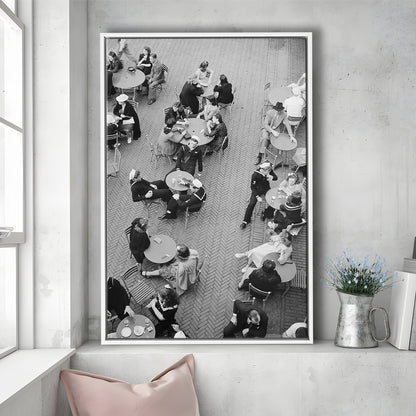 Central Park Restaurant Black and White Art Retro Photography, Floating Framed Canvas Print