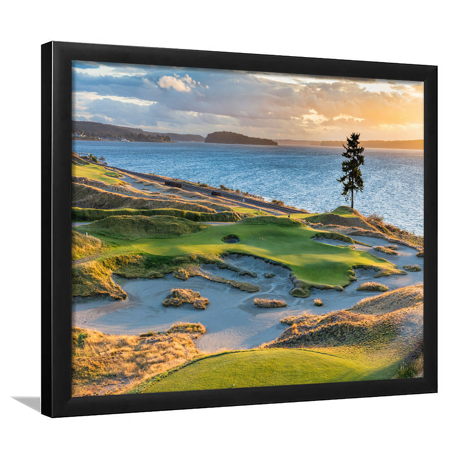 Chambers Bay Golf Course, Hole 15 in Sunset Fine Art, Framed Art Print Wall Decor, Picture Framed