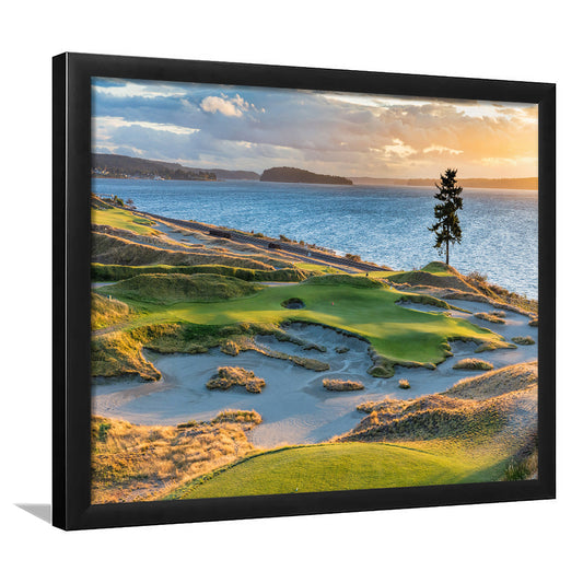 Chambers Bay Golf Course, Hole 15 in Sunset Fine Art, Framed Art Print Wall Decor, Picture Framed