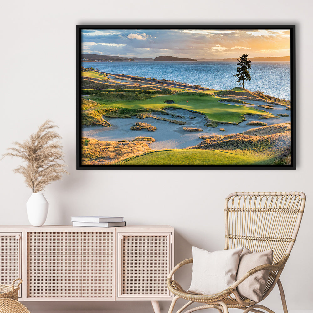 Chambers Bay Golf Course, Hole 15 in Sunset Fine Art, Floating Framed Canvas Print Wall Art
