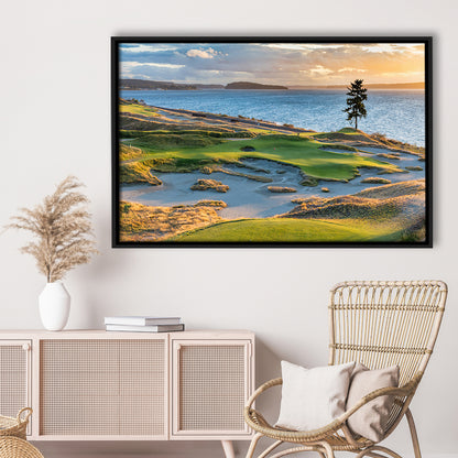 Chambers Bay Golf Course, Hole 15 in Sunset Fine Art, Floating Framed Canvas Print Wall Art