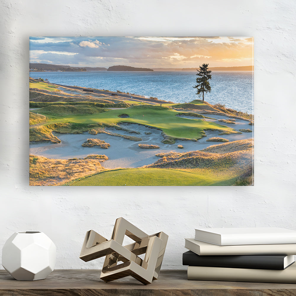 Chambers Bay Golf Course, Hole 15 in Sunset Fine Art, Golf Art Print,Gifts Golf Lover