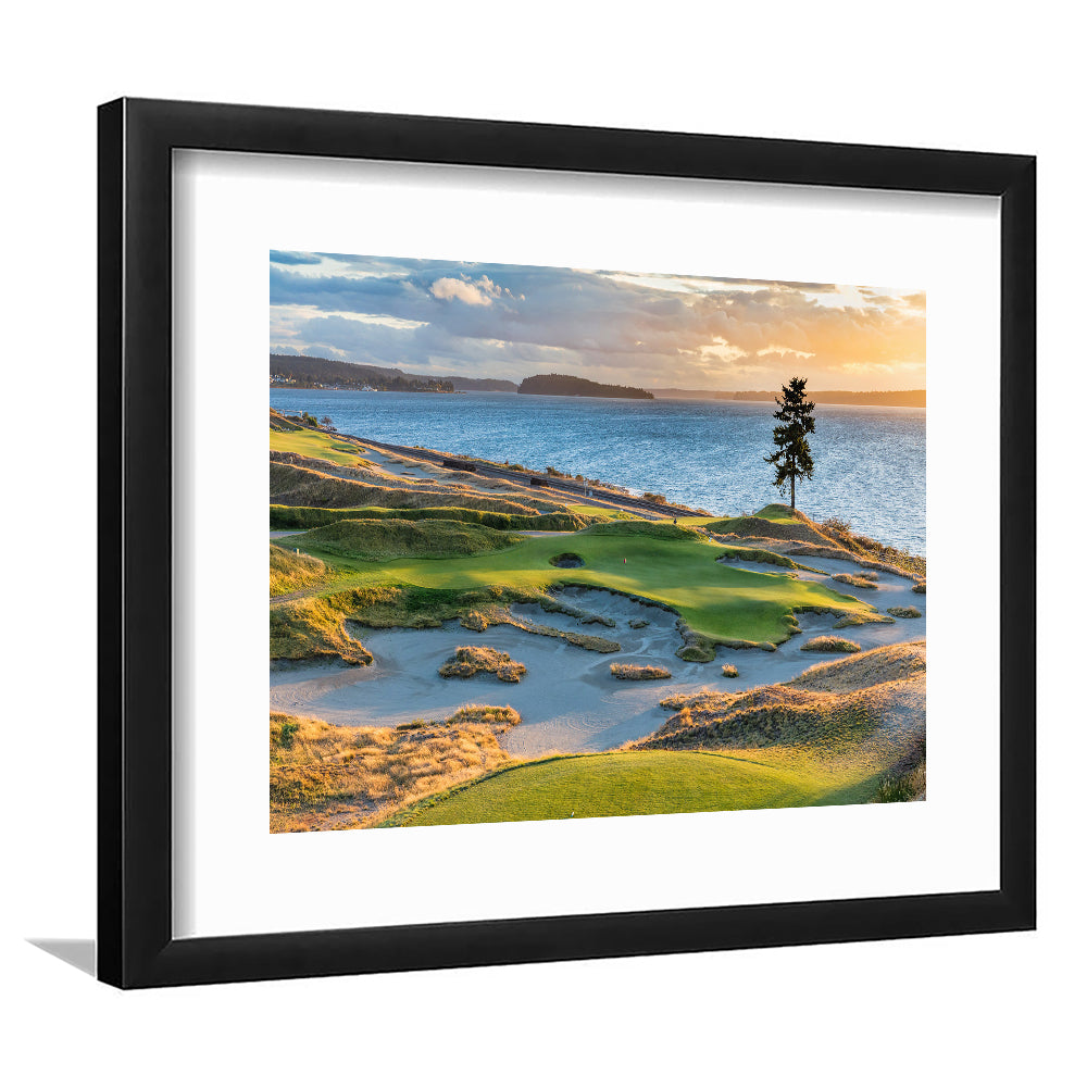 Chambers Bay Golf Course, Hole 15 in Sunset Fine Art, Goft Art Print, Framed Art Print White Border Wall Decor