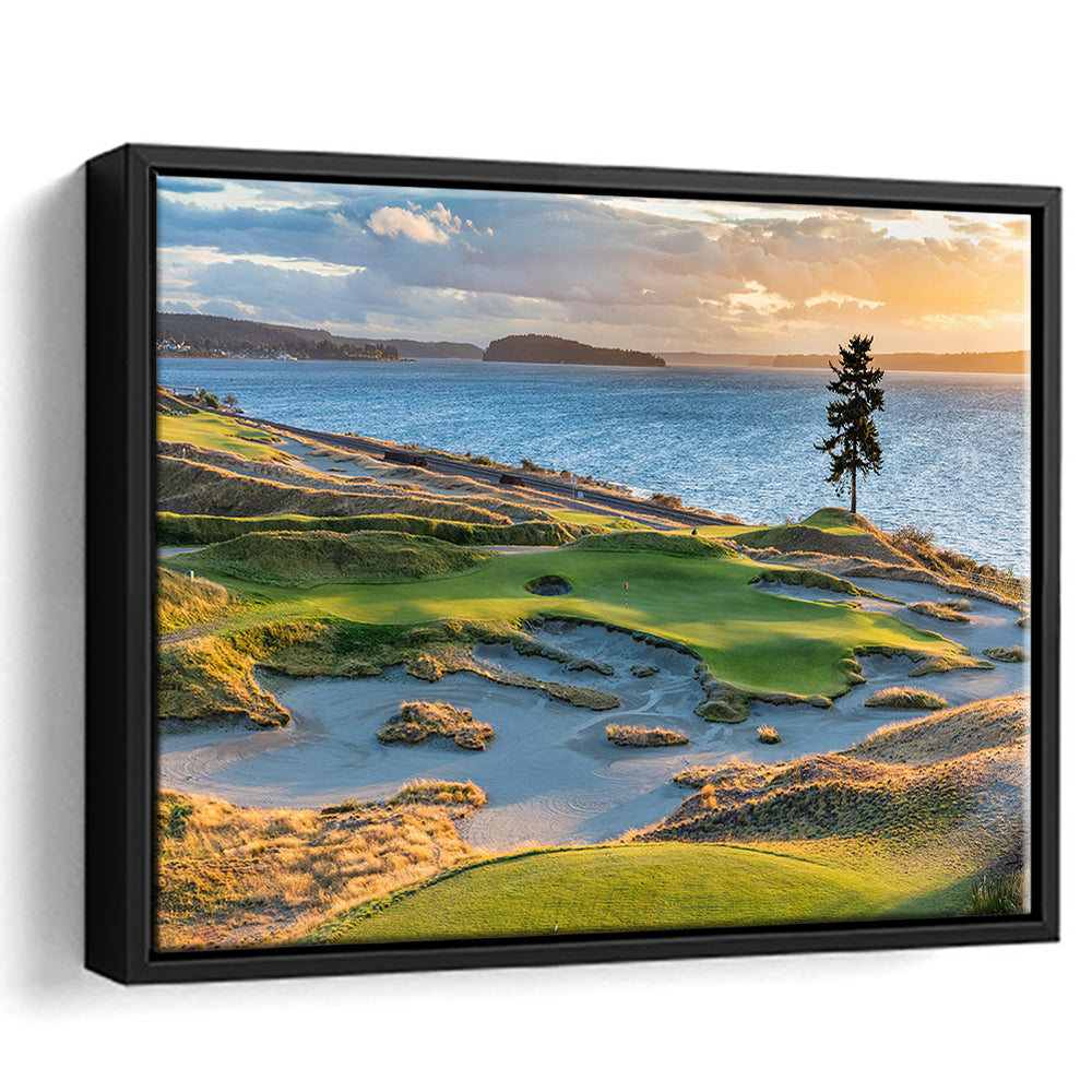 Chambers Bay Golf Course, Hole 15 in Sunset Fine Art, Floating Framed Canvas Print Wall Art