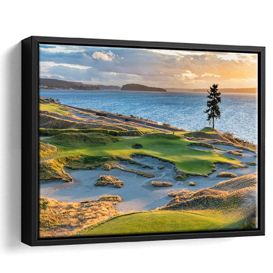 Chambers Bay Golf Course, Hole 15 in Sunset Fine Art, Floating Framed Canvas Print Wall Art