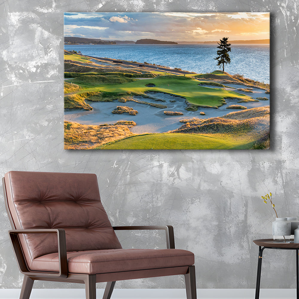 Chambers Bay Golf Course, Hole 15 in Sunset Fine Art, Golf Art Print,Gifts Golf Lover