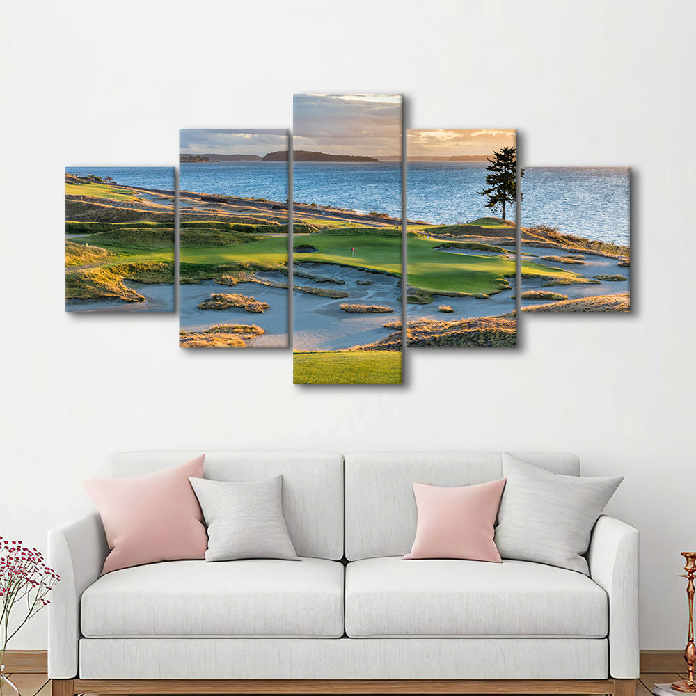Chambers Bay Golf Course, Hole 15 in Sunset Fine Art, Golf Art Print, 5 Pieces Mixed Canvas Print Wall Art
